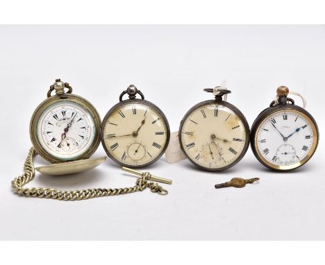 FOUR POCKET WATCHES, to include a silver open faced watch with a white dial, Roman numerals, seconds subsidiary dial at the s