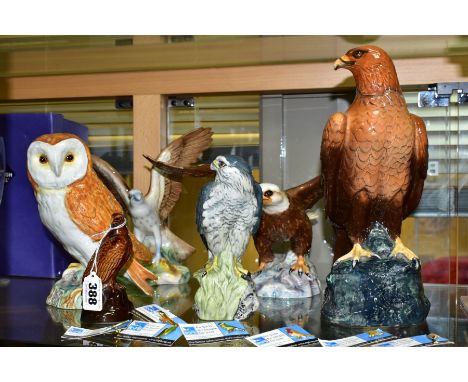 SIX VARIOUS CERAMIC BIRD FIGURES AND LIQUEUR FLASKS AND SEVEN R.S.P.B ENAMEL BIRD PIN BADGES, the ceramic itens comprising a 