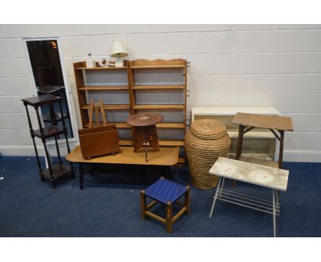 A QUANTITY OF OCCASIONAL FURNITURE, to include two beech open bookcases, mid 20th century oak and ebonised coffee table, bamb