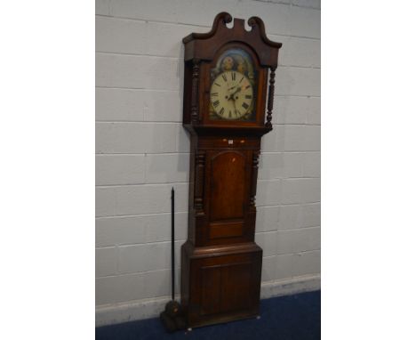 A VICTORIAN OAK EIGHT DAY LONGCASE CLOCK, the hood with a swan neck pediment, two barley twist pillars flanking a glazed door