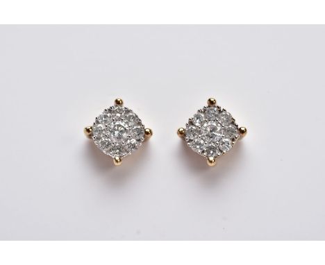 A PAIR OF YELLOW METAL DIAMOND CLUSTER EARRINGS, each of a circular design set with brilliant cut diamonds, total estimated d