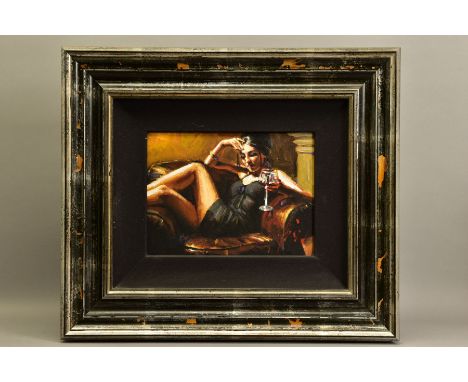 FABIAN PEREZ (ARGENTINA 1967) 'RED ON YELLOW III' a portrait of a female figure on a leather armchair, signed bottom right, s