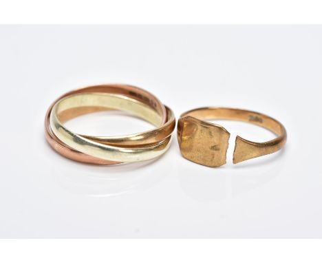 A 9CT GOLD TRI-COLOURED BAND AND ONE OTHER, to include a tri-coloured interlocking three band ring, hallmarked 9ct gold Londo