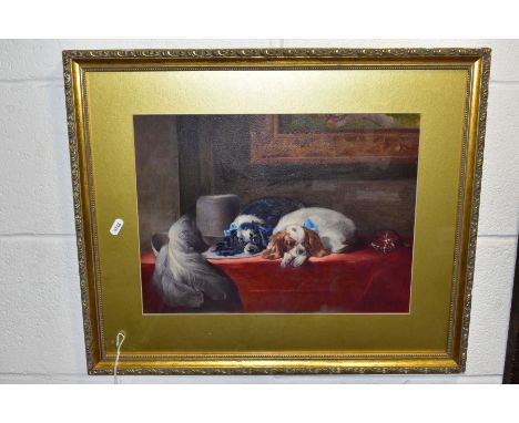 AFTER LANDSEER, H. JOHNSON, 'The Cavalier's Pets', mixed media, signed lower right, 29.5cm x 40cm, possibly an overpainted pr