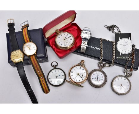 A BOX OF ASSORTED POCKET WATCHES AND WRISTWATCHES, to include a gold plated open faced pocket watch with a white dial, Roman 