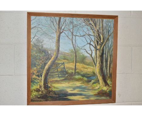 L. ROWE (20TH CENTURY) A woodland landscape with sloping hill to the distance, signed L Rowe, oil on board, framed size appro