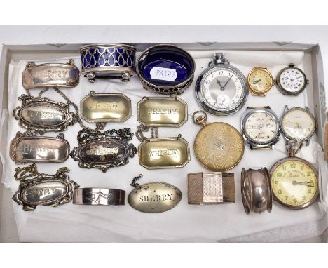 A SELECTION OF DECANTER LABELS, NAPKIN RINGS, SALTS AND WATCHES, to include nine white metal decanter labels in various shape