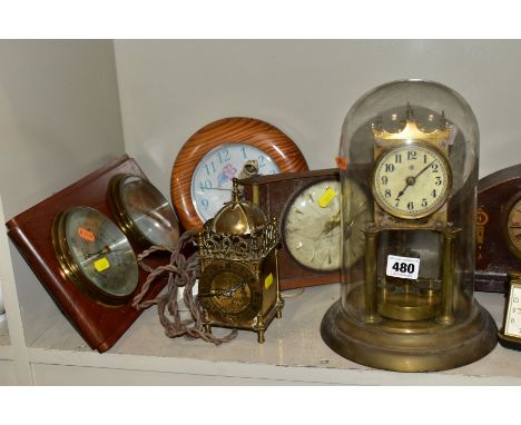 A GROUP OF CLOCKS, BAROMETER, TIMEPIECES, etc, to include domed anniversary clock (in need of attention), Comitti of London b