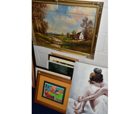 PAINTINGS AND PRINTS etc to include an unsigned oil on canvas of a scantilly clad female figure, approximate size 80cm x 60cm
