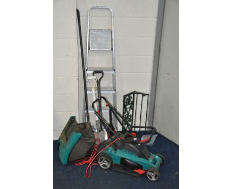 BOSCH ELECTRIC LAWNMOWER with grass box together with a green painted wrought iron garden shelf, a glass hexagon shaped fish 