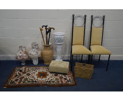 A PAIR OF METAL AND CREAM DINING CHAIRS, a ceramic planter on a matching separate stand, two table lamps, vase with contents,