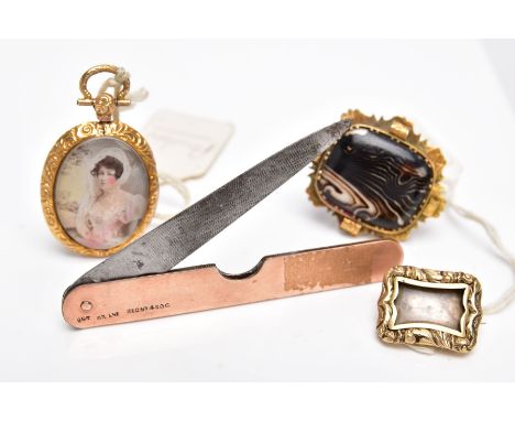 TWO YELLOW METAL BROOCHES, A PENDANT AND FRUIT KNIFE, to include a brown agate set brooch within a yellow metal scroll detail