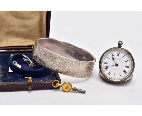 A SILVER POCKET WATCH, BANGLE, the open faced pocket watch with a white dial signed 'Sans Pareil', Roman numerals, blue tone 