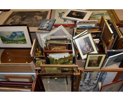A LARGE QUANTITY OF PICTURES, PRINTS, MIRROR, ETC, IN THREE BOXES AND LOOSE, including a Michael Stokoe 'Thrusting Outwards' 
