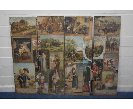 A LATE 19TH CENTURY HOME MADE FOUR FOLD FLOORSTAND SCREEN, the front side decorated with colour prints, seed catalogue covers