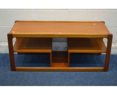 A MCINTOSH TEAK LONG JOHN COFFEE TABLE, with shaped under shelf, length 115cm x depth 46cm x height 48cm