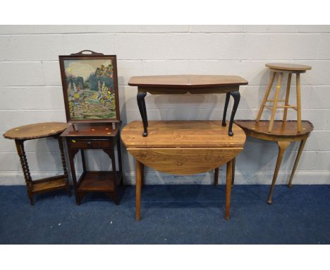 A WOOD FINISH DROP LEAF KITHEN TABLE, along with an oak barley twist occasional table, telephone table, needlework firescreen