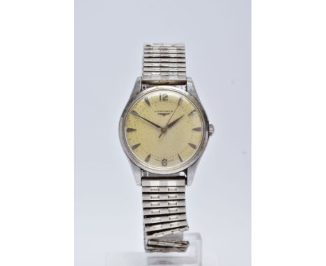 A GENT'S LONGINES WRISTWATCH, round silver dial signed 'Longines', Arabic twelveand six with baton markers, silver tone  hand