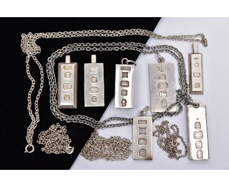 SEVEN SILVER INGOT PENDANTS AND CHAINS, four ingots with a hallmark for London dated 1977-1979, two with hallmarks for Birmin