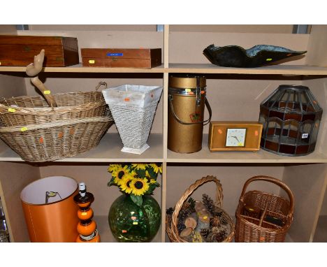 A QUANTITY OF WICKER BASKETS, LARGE THERMOS 'VACUUM VESSEL', CARBOUY, etc, including a Victorian walnut and brass bound writi