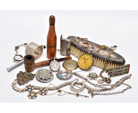 A BOX OF ASSORTED ITEMS, to include a silver engine turn designed napkin ring with a vacant cartouche, hallmarked Chester 192