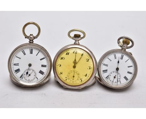 THREE OPEN FACED POCKET WATCHES, the first with a white dial, Roman numerals, seconds subsidiary dial at the six o'clock posi