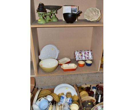 FOUR BOXES AND LOOSE KITCHEN CROCKERY, STAINLESS STEEL AND KITCHENALIA, including a pair of orange Le Creuset ceramic rectang