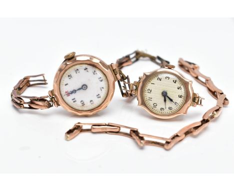 TWO LADIES 9CT GOLD WRISTWATCHES, the first with a round white and gold detailed dial, Arabic numerals, blue tone hands, with