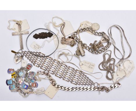 A SELECTION OF SILVER AND WHITE METAL JEWELLERY, to include a white metal charm bracelet suspending twenty one silver and ena