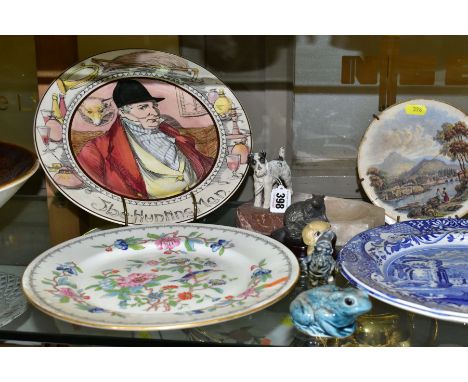 A GROUP OF 19TH AND 20TH CENTURY CERAMICS AND METALWARES, including an onyx dish mounted with a painted spelter fox terrier, 