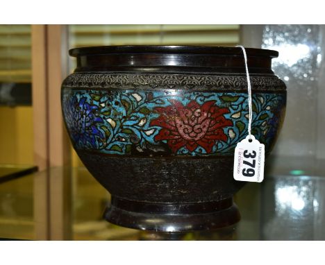 AN EARLY 20TH CENTURY JAPANESE BRONZE AND CHAMPLEVE JARDINIERE, with cast decoration to bands above and below the enamel, som