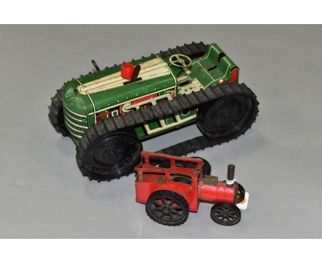 AN UNBOXED MARX (GT BRITAIN) TINPLATE CLOCKWORK CRAWLER TRACTOR, green, white and red lithographed tin printed body, black pl