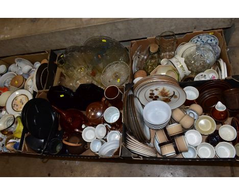 TEN BOXES AND LOOSE CERAMICS AND GLASSWARE, ETC, including Denby and other stoneware plates, bowls, cups, saucers and oven to