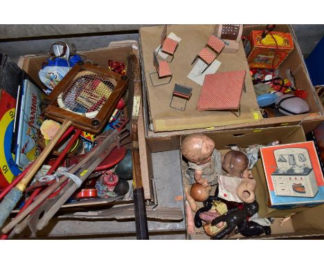 A QUANTITY OF VINTAGE TOYS AND DOLLS, to include B.N.D. Plastic doll, quantity of kitchen/food items, Selco Organ Grinder, pl