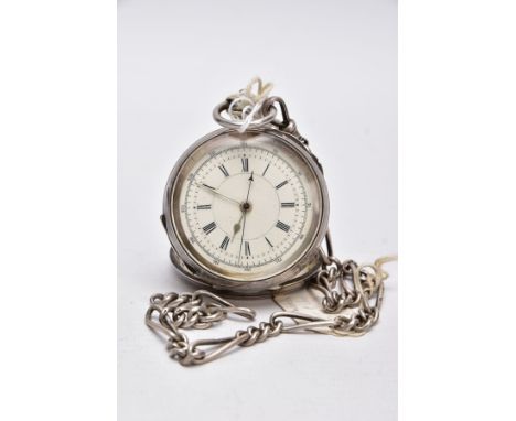 A SILVER OPENFACED POCKET WATCH WITH ALBERT CHAIN, round white dial, Roman numerals, silver tone hands, within a plain polish