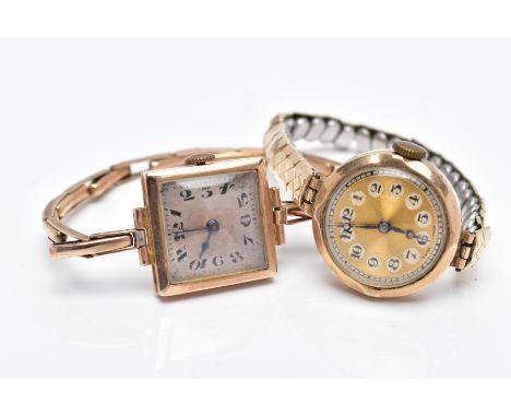 TWO LADIES 9CT GOLD WRISTWATCHES, the first with a square silver dial, Arabic numerals, blue tone hands, within a plain polis