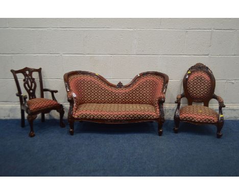 A MINIATURE REPRODUCTION VICTORIAN STYLE SOFA, width 89cm x depth 40cm x height 46cm, a similar spoon elbow chair (Sd) and a 