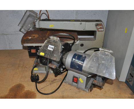 A WICKES 16 ins SCROLL SAW (no saw attachment) together with a Wickes 300W bench grinder (All PAT pass and working) (2)
