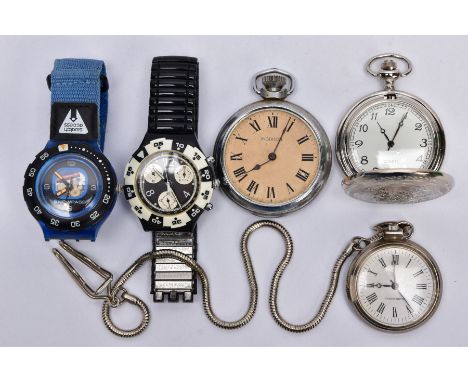 TWO 'SWATCH' WRISTWATCHES AND THREE POCKET WATCHES, to include a black and white faced chronograph 'Swatch' fitted with a bro