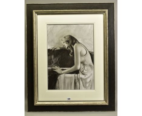 STEVEN SMITH (BRITISH 1974), 'PIANO SKETCH I', a seated portrait of a female figure at a piano, signed bottom right, mixed me