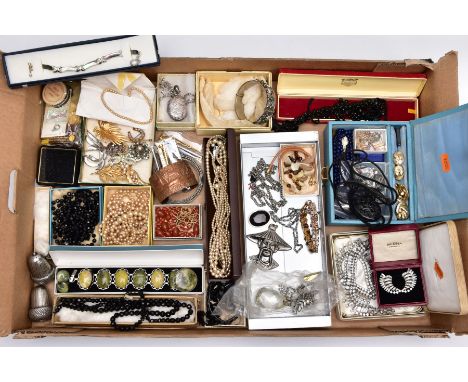 A BOX OF ASSORTED ITEMS, to include a silver oval locket decorated with an embossed foliate design, hallmarked Birmingham, fi