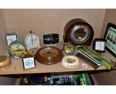 ASSORTED CLOCKS, BOXED HARMONICA, ETC, including a Smith's Nelson's Column alarm clock, not working, a Smiths darkroom timer,