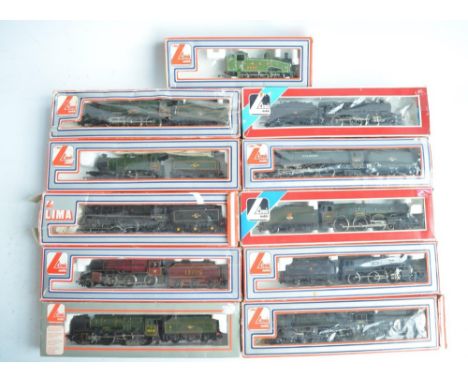 Eleven boxed previously run OO gauge electric steam train models from Lima, model generally in poor to fair condition, boxes 
