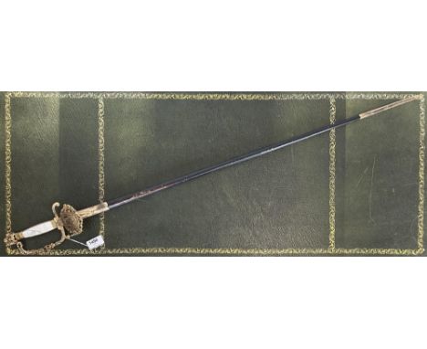 Late 20th century Danish court sword by Wilkinson sword, 34" triangular blade, gilt metal hilt with mother of pearl grips, co