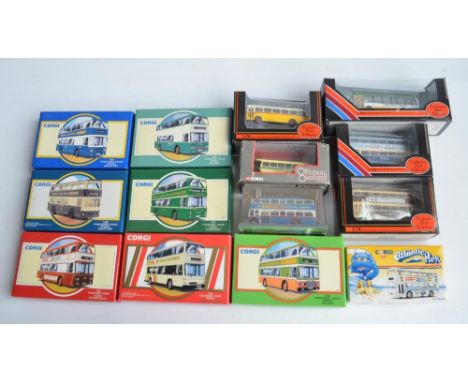Fourteen boxed diecast bus models to include 8x 1/64 scale limited edition double decker's from Corgi (models mint and most s