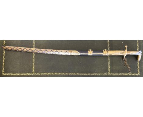 19th Century Indo-Persian sword with 33" very slightly curved single broad fullered blade, gilt metal hilt with chain guard a
