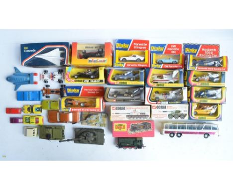 Collection of vintage diecast models to include Corgi and Dinky F1 cars (mostly boxed), Corgi military vehicles, Corgi Britis