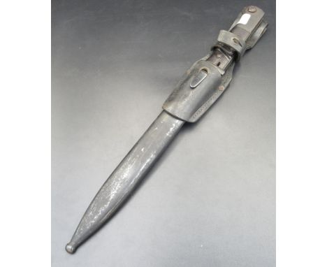 WWII German Mauser bayonet with original frog and scabbard, serial number 9165. Blade L10'' 