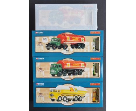 Four boxed 1/50 scale diecast limited edition 'Shell And BP' series tanker truck with fuel pump model sets from Corgi to incl