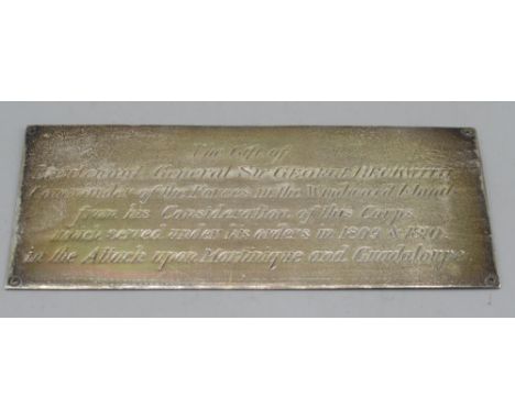 Metal plaque from gift presented to British Army Officer George Beckwith (1753-1823) for his leadership during the attack upo